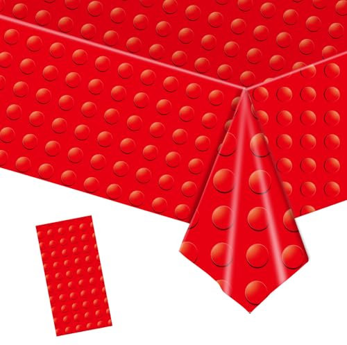 MORAINJAY Nappe Rouge Vaisselle Anniversaire à Thème Blocs de Construction,137x274cm Nappe en Plastique Réutilisable,Imperméable,Idéal pour Cadeau d'enfant,Baby Shower,Table Décoration Fête Créative