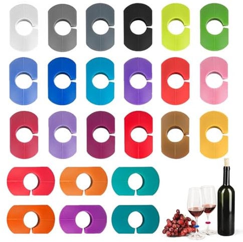 WeddHuis 24 etiquetas para copas de vino, marcadores de bebidas de silicona para copas de vino, adecuados para decoración de fiestas, marcadores de copas para el hogar, marcadores de vino