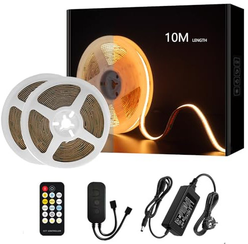 JBdusn 24V COB LED Streifen CCT, 10m Abstimmbar Warmweiß Kaltweiß LED Strip light Set, Dimmbar 576LEDs/m LED Band CRI 90+ Hohe Helligkeit 2700K-6500K Lichtband mit RF Fernbedienung und Netzteil