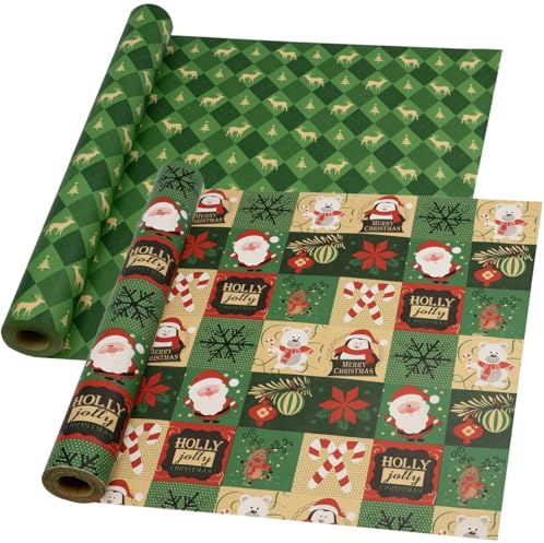 Geschenkpapierrolle für Weihnachten – 2 Rollen 43 cm x 15 m, Weihnachtspapier aus Kraftpapier, recycelbar, festliches Design