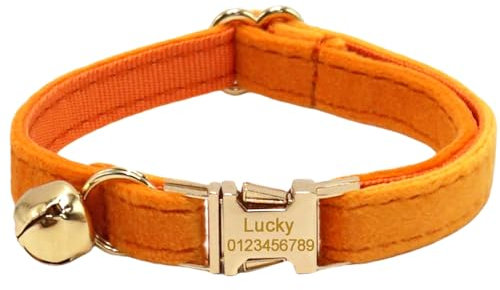 Personalisiertes Katzenhalsband mit Namensschild, verstellbares Samt Katzenhalsband mit Glocke, Haustier Halsband mit Name Telefonnummer Gravierte ID Tags (Orange)