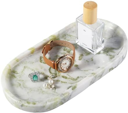 Koville Plateau de courtoisie en marbre pour comptoir de salle de bain, plateau de parfum en marbre vert pour commode, plateau à bijoux en pierre pour comptoir de cuisine, bougeoir pour décoration