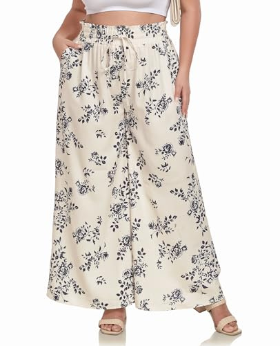 Moon Wood Pantalon Femme Grande Taille Haute Été Long Léger Fluide Elastique avec Poches Imprimé 02 5XL