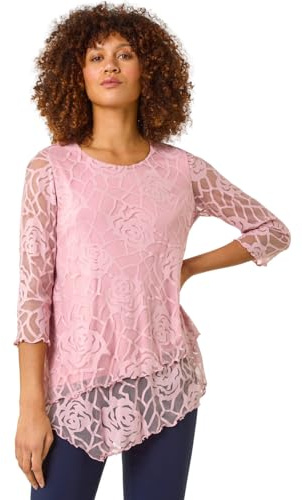 Roman Originals Women Burnout Spot Print Asymmetric Top - Ladies Stretch Jersey Round Neck 3/4 Length Sleeves Lettuce Hem Daywear Tops - Light Pink Rose - Size 12
