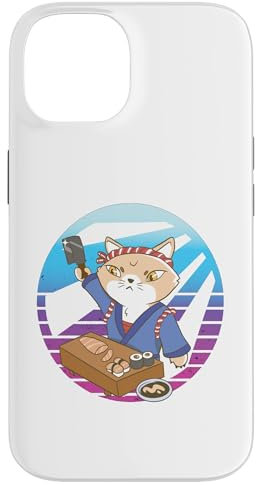 iPhone 14 Sushi chef cat headband blue attire wooden counter sushimi Case