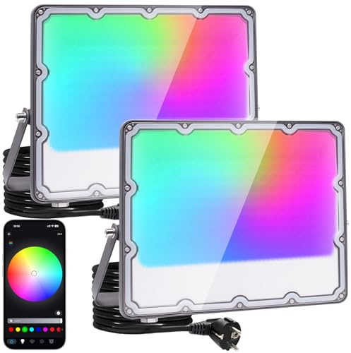 OUSIDE 2 Stück RGB LED Strahler Außen 100W, Flutlicht mit Bluetooth APP, 16 Million Farben Farbwechsel Fluter, IP66 Wasserdicht,12 Musikmodi,44 Farbwechselmodi,Timerfunktion,für Partei,Halloween