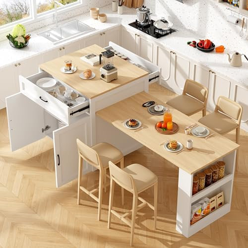 IHO SOFA Mesa de bar extensible con espacio de almacenamiento, mesa de comedor extensible con 2 cajones y 4 compartimentos, mesa de cocina extensible con estantes laterales, isla de cocina con bar