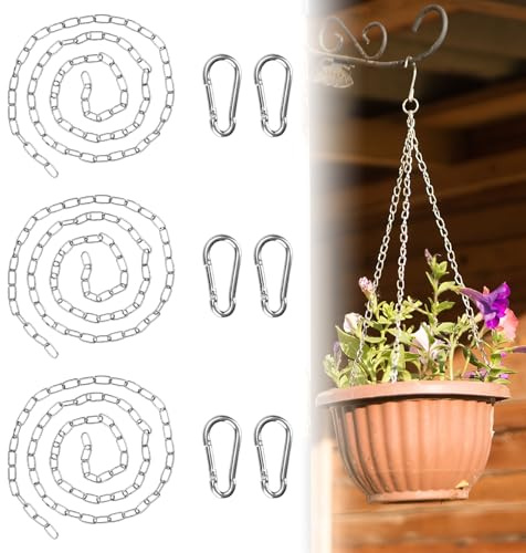 MIPIACE 3 Stück Edelstahl Kette 1m Edelstahlkette Metall Ketten mit 6 Karabiner Rundstahlkette Stahlkette Gliederkette Edelstahl Metallkette für Billboard Ornaments DIY Blumentöpfe Ankerkette