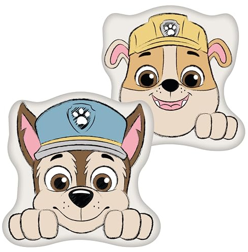 Paw Patrol Official Shaped Chase and Rubble Dog Cushion, Super Soft Reversible 2 Sided, Sketchy Design Pillow, Perfect for the Bedroom or on the Sofa