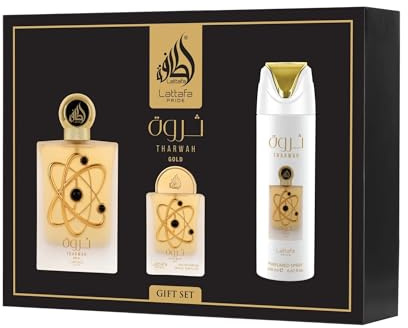 Lattafa Pride Tharwah Gold 3pc Giftset For Women -100ml Eau de Parfum + 200ml Perfumed Body Spray + 20ml Travel EDP and a Refillable Bottle