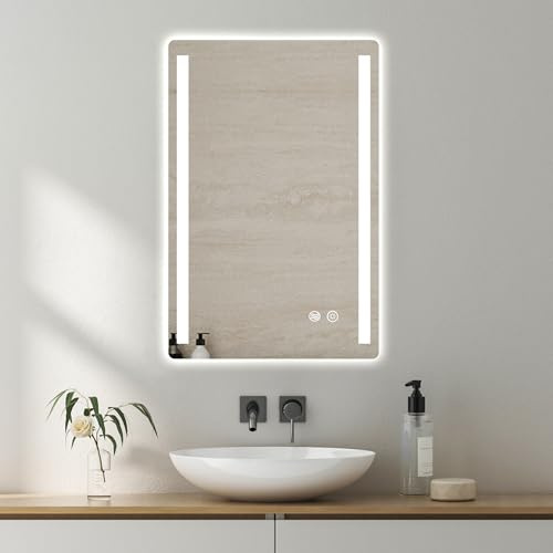 400 x 600 mm Bathroom Mirror with LED Lights, Anti-Fog & 3 Colors Modes | Shower Mirror with Memory Function Touch Sensor Switch Portrait or Landscape