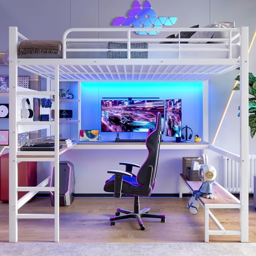 Lit Mezzanine 2 Places 140x200 avec LED et USB C, Lit Enfant en Métal avec Bureau et étagère et Rambarde, Lit Mezzanine Enfant avec Panneau Perforé et Escalier, Lit en Hauteur Structure en Fer, Blanc