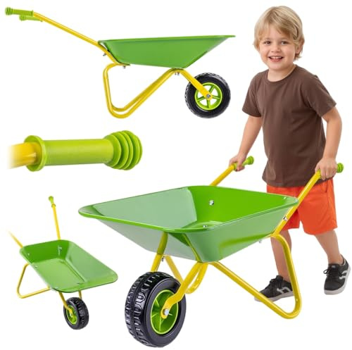 KADAX Kinderschubkarre aus Metall, Gartenschubkarre für Kinder, Gartenwerkzeug, kleine Schubkarre zum Spielen und Helfen im Garten, Gartenspielzeug (Gelb/Grün)