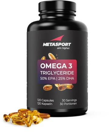 Metasport Omega 3 Triglyceride Fischöl, 120 Softgels (30 Portionen) | 2000 mg EPA & 1000 mg DHA pro Tagesdosis, Hochdosiert, Triglycerid-Form, Made in Germany