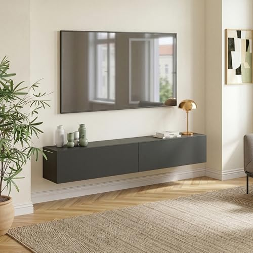 [en.casa] Mobile da Parete Porta TV con 2 Scomparti Chiusi Ante a Ribalta Pensile Multiuso Armadio Sospeso a Muro 180 x 32 x 30 cm - Grigio Scuro Opaco