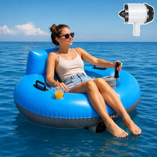 Motorisierter Pool-Schwimmstuhl,Elektrischer Aufblasbarer Pool-Liegestuhl,50-W-Schwimmstuhl Mit Rückenlehne,Getränkehalter,Aufbewahrungstasche,Aufblasbarer Wasserreifen Für Erwachsene