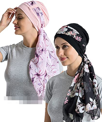 JarseHera Casquette Chimio pour Femme en Bambou avec Foulards Soyeux pour la Perte de Cheveux et Le Sommeil - - Taille Unique