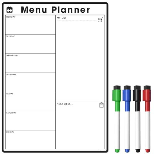TMS A4 Weekly Meal Planner for Fridge | Magnetic Whiteboard Calendar and Shopping List | Use for Food Prep and Family Planning | Dry Wipe Memo Board for Kitchen | Made in The UK [30 x 21cm]
