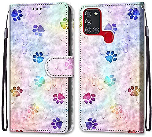 Samsung Galaxy A21S Case Flip Shockproof Leather Folio Book Wallet Case with Card Holder Stand Silicone Bumper Protector Cover for Samsung A21S Phone Case for Girls Kids Boys Men, Dog Footprints