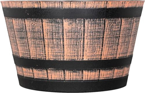 SG Traders Large Half Barrel Cask Planter, Flower Pots Outdoor Garden Planters, Indoor Plant Pot with Drainage Holes, Plastic, Tan with Black Straps, 52 x 31cm