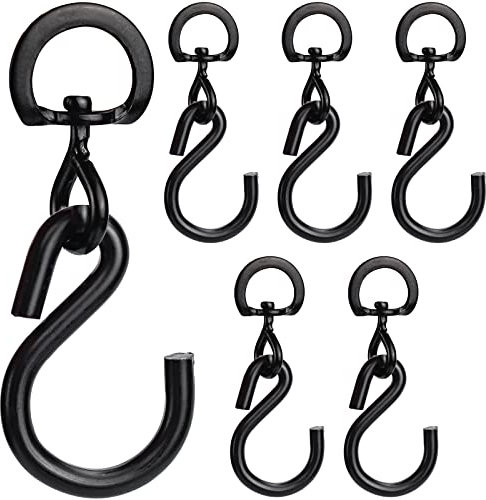 Yeonado 6 Pièces Noir 360 degrés Crochet en S Pivotant avec Anneau en D Fermé - Lourd Devoir Crochets de Panier de Plantes Suspendues Tournant Facile Pot de Fleur Métal Crochets Pivotant Solide