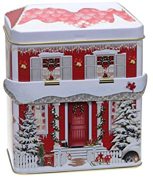 POWERHAUS24 Blechdose Weihnachtliches Haus Aufbewahrung, lebensmittelecht, 12 x 15 cm, Weihnachts-Edition mit PH24 Backrezept