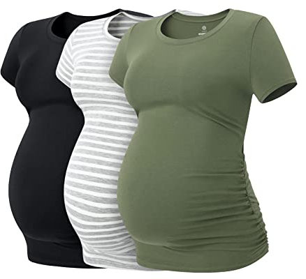 LAPASA Lot de 3 T-Shirts de Maternité Femme Vêtements de Grossesse Maillot de Corps Enceinte Manches Courtes L55 1 Noir, 1 à Rayures Gris Chiné, 1 Vert Olive S