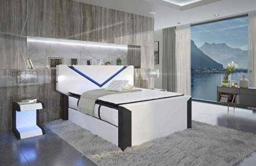 Sofa Dreams Boxspringbett Lyon in Leder mit Stauraum und moderner LED Beleuchtung Licht einstellbar Bett in Allen Größen (200 x 200 cm, Weiss-schwarz)