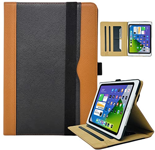 S-Tech Case for iPad 7th 8th 9th Generation 10.2 - Saffiano Genuine Leather Magnetic Smart Cover Wallet Card Holder Kickstand Cover for Apple (Brown and Black)