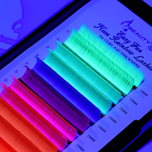 Neon Colored Easy Fan Lash Extensions D+ Curl 0.07mm Mixed Length 13mm-15mm Blue Purple Yellow Green Pink Orange and Dark Orange Rainbow Faux Mink Eyelashes Beauty7