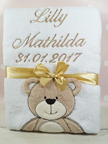 BotoBaby® - Babydecke mit Namen und Geburtsdatum - Geschenk Taufe Geburt ★ (Weiß - Teddybär)