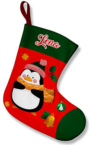 Strumpf für Weihnachten Personalisiert mit Namen für Kinder 2 in 1: Custom Weihnachtsdeko Weihnachtsstrumpf Socke und Kissen mit Füllung 28 x 25 x 17 cm Motiv Pinguin [156]