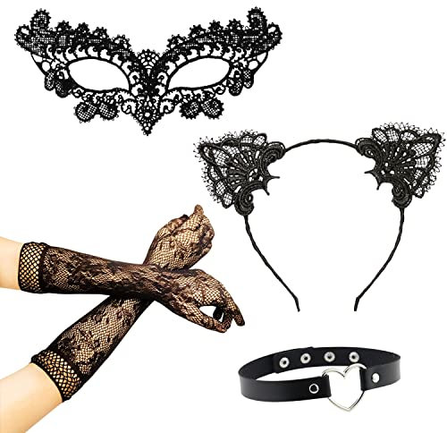 Set di 5 accessori per mascherata, maschera per gli occhi in pizzo, fascia per orecchie di gatto, collana a cuore, guanti in pizzo, maschera per discoteca da ballo, martedì grasso, festa di Halloween