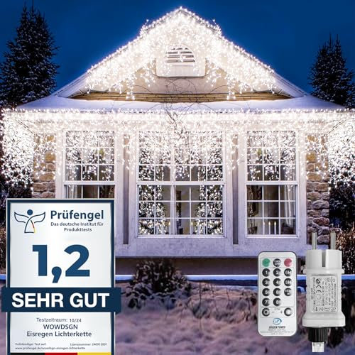 LED Eisregen Lichterkette Außen, WOWDSGN 15M 660LED Eiszapfen Lichterkette mit Timer 8 Modi IP44 wasserdicht Strombetrieben, Lichtervorhang für Weihnachten Dachkante Dachrinne Terrasse Balkon Kaltweiß