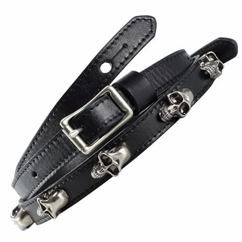 Nefelibata natürliches pflanzlich gegerbtes Rindsleder genieteter Gitarrengurt handgefertigt für E- und Bassgitarren (1 Zoll breit, antiker silberner Totenkopf)