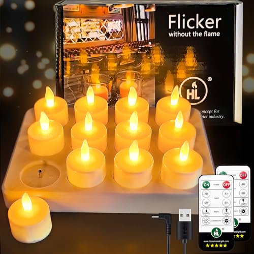 HL Led Teelichter Wiederaufladbar mit Fernbedienung und Timerfunktion, 50+Stunden Aufladbare LED Akku Kerzen mit Ladestation und USB-Kabel für Party Weihnachten Halloween Deko,12 Stück Gelb