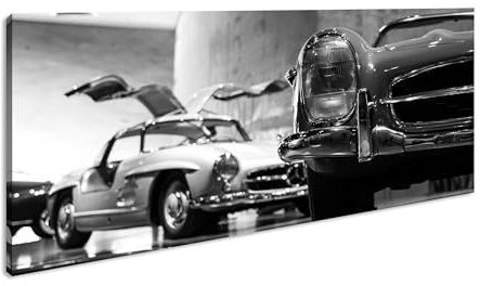 Leinwandbild Oldtimer Ausstellung – Klassiker der Straße Panorama Format: 60x30 cm Effekt: Schwarz&Weiß XXL Kunstdruck Bild auf Keilrahmen/Wandbild/Wohnzimmer Deko