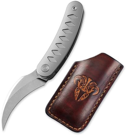 Cavol Kage Klappmesser mit Lederscheide Front Flipper Messer,64mm M390 Stonewashed Mirror Klinge Pikalmesser Folding Knife,Titanlegierung Griff Klappmesser,Outdoor EDC Taschenmesser