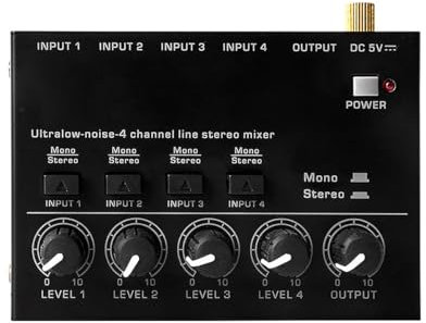 WANGCL 4 Channel Audio Mixer Low-noise Stereo Audio Mixer with Separate Volume Adjustment Power Switch for Microphones Guitars Bass Keyboards Stage Mixer UK