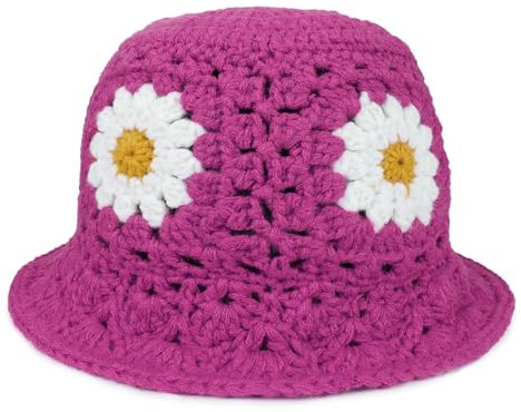 Daisy Flower Crochet Bucket Hat Packable Short Brim Knit Fisherman Hat per le donne, Rosa, Taglia unica