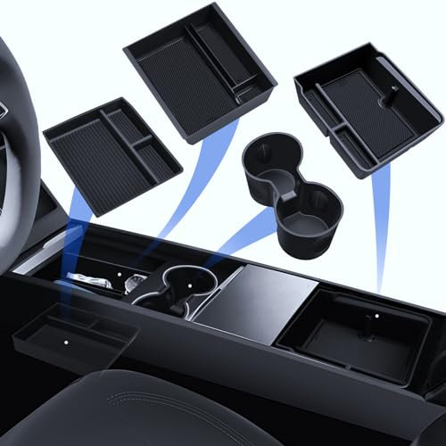 LANTU 4 Pcs Zubehör für Tesla Model 3 2024-2025 Mittelkonsole Organizer, Silikon Organizer Tray, Armlehne Aufbewahrungsbox und Mittelkonsole Getränkehalter