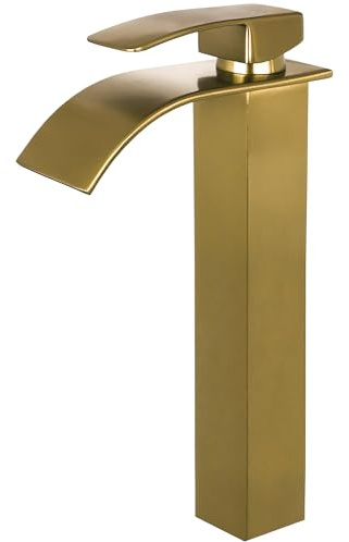 VALAZ Grifo Lavabo Dorado Cepillado Protección PVD Pica Serie Aljibe | Grifo Lavabo Monomando, Agua Fría y Caliente, Ahorro de Agua | Instalación Fácil | Latón, Inoxidable, Cuadrado