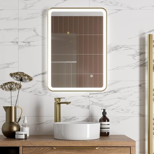 BAYSTONE® 500 x 700mm Bathroom Mirror with LED Lights Wall Mounted Demister Illuminated Mirrors for Bathrooms, Mains Powered, Brushed Brass, Touch Sensor