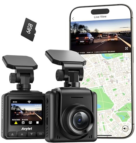 2K Dash Cam Wi-Fi Con Scheda 64GB, Telecamera per Auto Mini con APP, Supporta Modulo GPS Esterno, Grandangolare di 170°, Visione Notturna, 24H Monitor di Parcheggio, Rilevamento di Movimento, G-Sensor