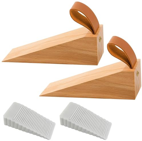 Wooden Door Stop, 4 Pack Door Stoppers for Floor 2 Wooden Door Stop with Leather Clip + 2 PVC Door Stops Door Wedge Floor Non-Slip Beech Wood Doorstop for Homes Offices Schools Shops & Work Shops
