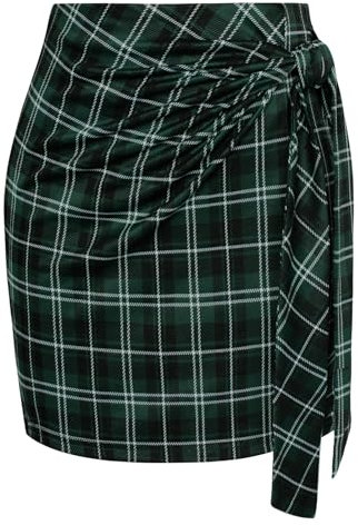 Kate Kasin Damen Rock Hohe Taille Elastische Wickelhalbrock Karo Kurze Röcke Minirock Freizeitrock Elegant Mini Short Skirt Grün Grid L