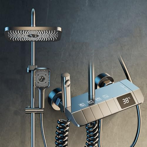 MocArt Thermostatic Shower System, Water Saving Shower Mixer Set, LED Screen, 4 Functions Includes Handheld Shower (3 Jet Types), ABS Top Shower, Bidet Spray, Tub Spout (Gray)