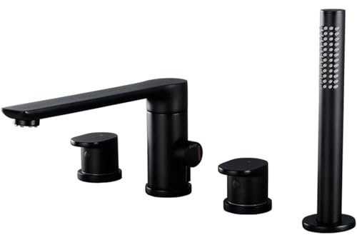 UNFRASLOP Badewannenarmatur Mit Handbrause Wannenrandarmatur 4 Loch Wasserfall, Drehgriff Badewanne Zweigriff Wannenrandarmatur Aus Messing,Schwarz