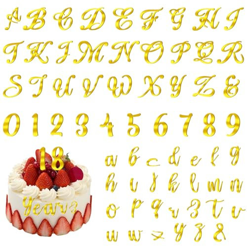 Acrylic Letters Cake Topper, 64 Pcs Gold A-Z Alphabet and 0-9 Number Personalized Cake Topper Uppercase Lowercase Letters Cake Picks for DIY Wedding Birthday Anniversary Party Cake Decorations