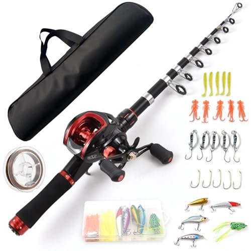 SOUUXIU Angelrute und Rolle Combo 2,1 m Teleskop Angelrute mit Links Hand Baitcasting Rolle